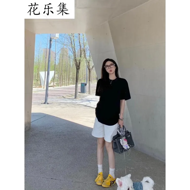 花乐集短袖恤女夏季年新款基础款内搭打底衫宽松黑色纯色小众上衣