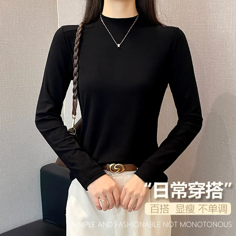 半高领鱼骨长袖t恤女春秋内搭修身高弹新款时尚洋气百搭打底衫