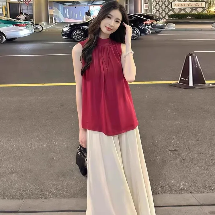 时尚气质显瘦套装女夏季新款减龄无袖露肩背心上衣阔腿裤裙两件套