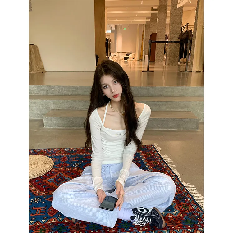 夏季针织防晒小罩衫长袖t恤上衣内搭吊带背心条纹宽松垂感长裤女