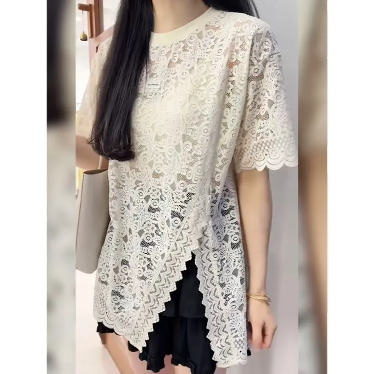 设计感开叉镂空白色短袖蕾丝衫女夏季宽松洋气别致绝美中长款上衣