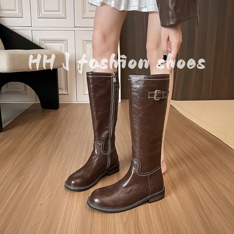 水洗马皮~复古厚底骑士靴女不过膝显瘦粗跟高筒长筒靴皮带扣