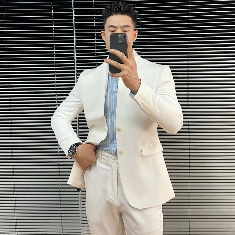 白色立领修身西服上装休闲时尚痞帅个性新中式西装秋季男装外套