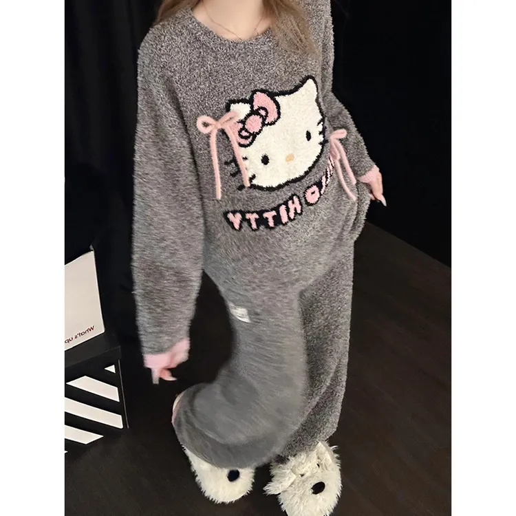 韩系休闲甜美半边绒蝴蝶结Kitty睡衣女冬季新款可外穿家居服套装