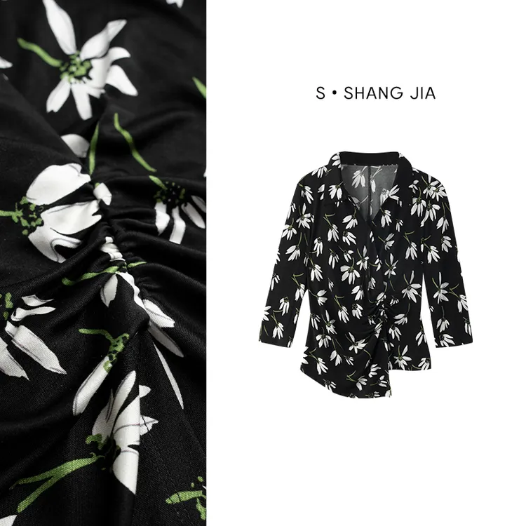 【十尚一家】25夏季新款V领桑蚕丝碎花气质时尚休闲印花上衣针织衫