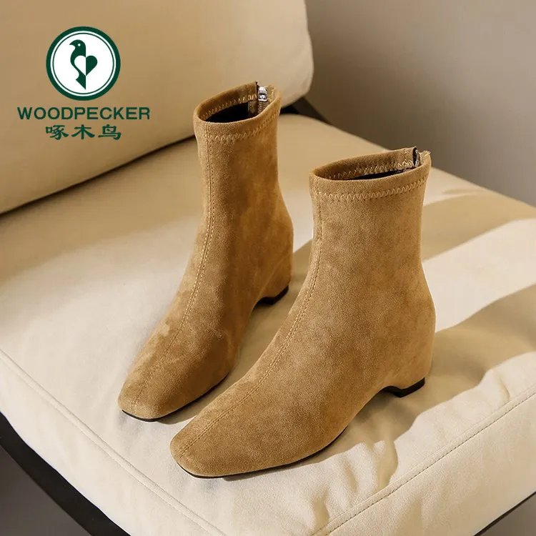啄木鸟韩系复古方头绒面百搭粗跟内增高6.5cm瘦瘦短筒靴女秋冬款
