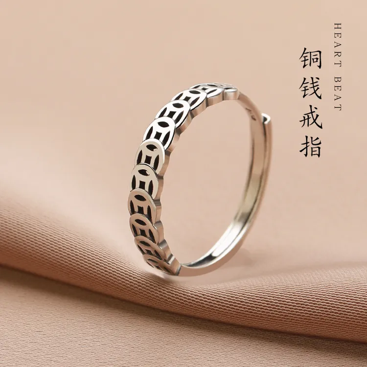 925银戒指 铜钱戒指女2025爆款钱多多食指戒尾戒招财小众情侣戒指