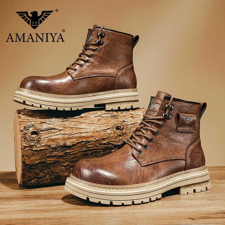 AMANIYA马丁靴男款秋冬时尚复古工装靴男士增高防滑厚底高帮男靴