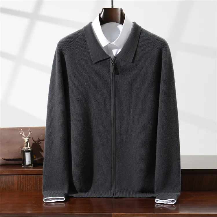 高端男装爸爸装纯羊毛开衫男十二针精纺POLO领羊毛针织衫