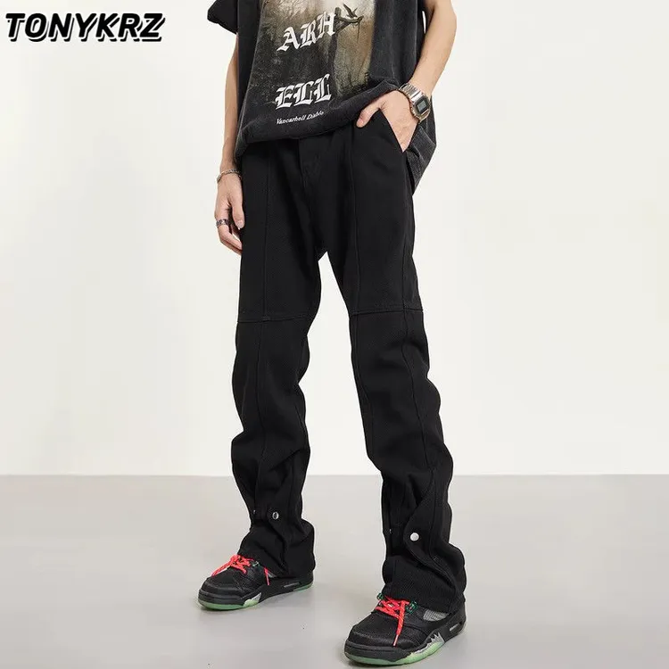 TONYKRZ美式高街黑色牛仔裤男直筒宽松潮牌vibe设计感小众裤子ins