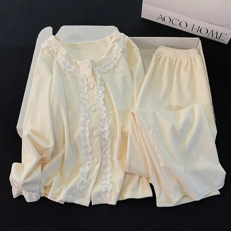 海岛绒睡衣女蕾丝花边加厚保暖法式开衫杏色宽松珊瑚绒家居服套装