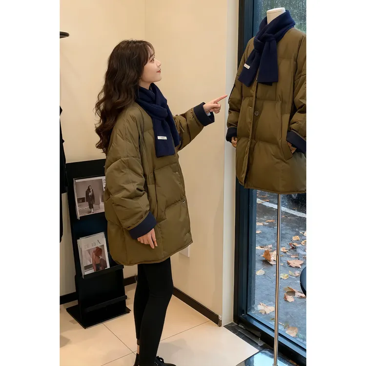 2025冬季新款单排扣休闲设计感中长款加厚加绒外套女保暖时尚棉服
