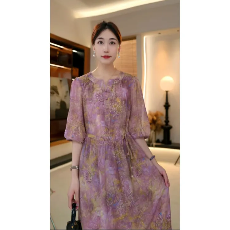雾紫绡裳-2025高端连衣裙高贵显瘦新款夏季中年妈妈装中长款-婷婷