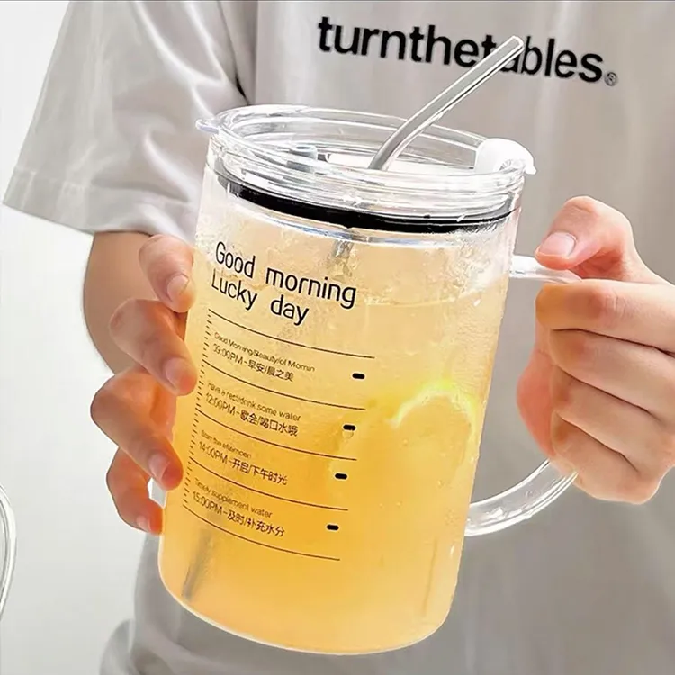 【1000ML】玻璃水杯家用大容量喝水杯带盖耐热吸管杯创意便携茶杯子
