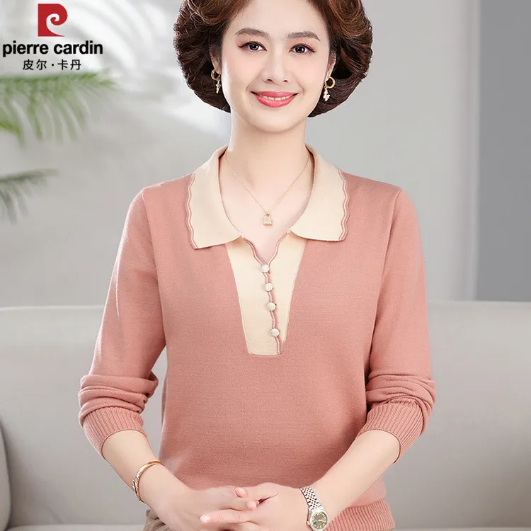 皮尔卡丹妈妈秋装2025新款长袖针织上衣50岁中老年女春秋翻领打底