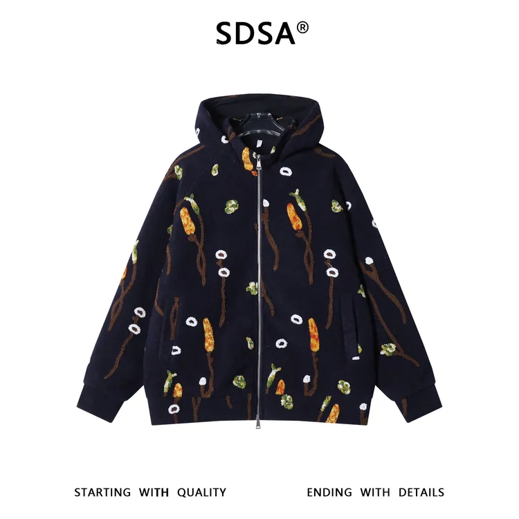 SDSA秋冬新款痞帅男装潮牌撞色趣味针织拉链立领连帽卫衣外套百搭