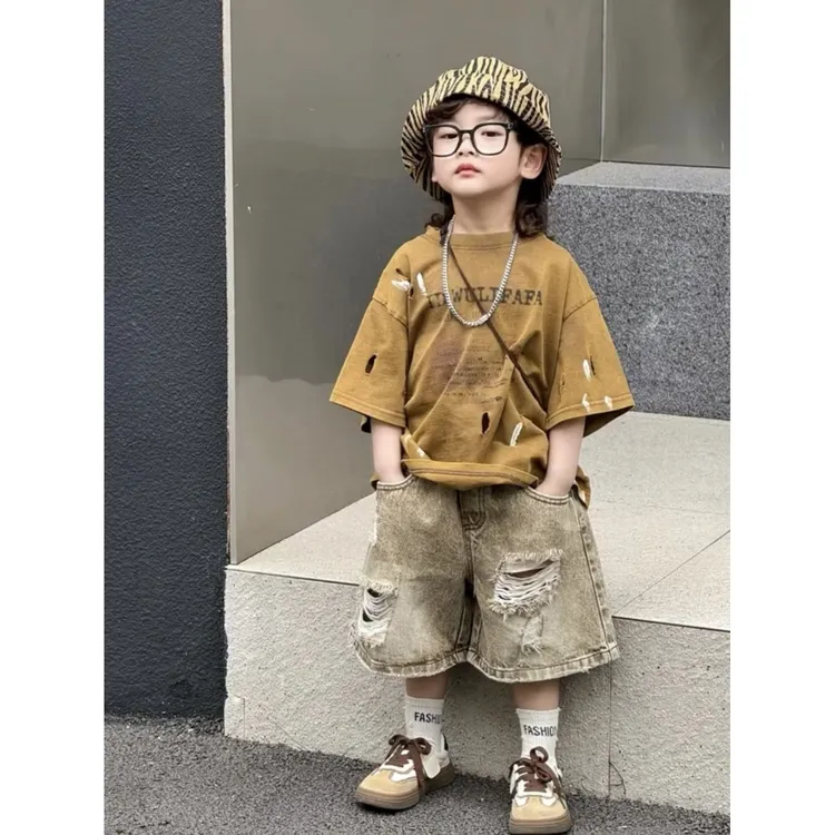 男童夏季套装破洞网红洋气短袖2024新款破洞牛仔短裤韩版痞帅五分