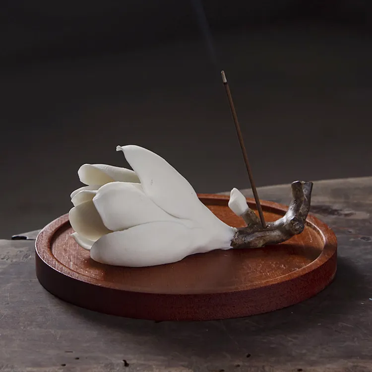 玉兰花纯手工陶瓷捏花线香插家居中式国风摆件茶室书房笔搁茶道