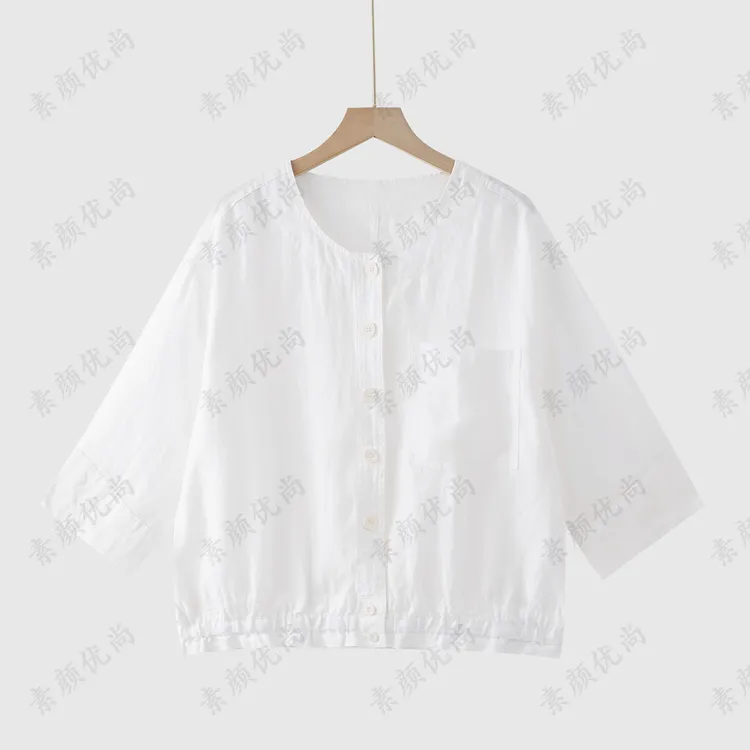 【素颜】2025夏季新款纯色百搭简约色织麻七分袖上衣