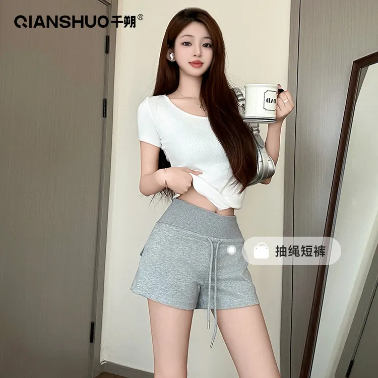 千朔美式抽绳运动短裤a字显瘦热裤2025款辣妹高腰休闲包臀短裤女