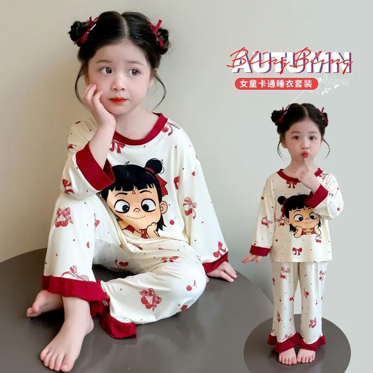 女童睡衣新款儿童卡通哪吒长袖长裤套装宝宝春秋家居服德绒两件套