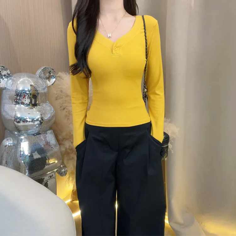 2025秋季新款半开领纽扣正肩修身长袖t恤女小个子纯色上衣女9089.