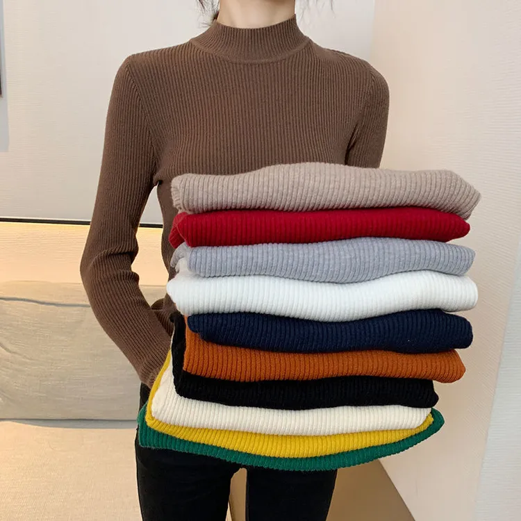 女咖色针织衫秋冬新款半高领大码弹力打底衫百搭修身上衣套头长袖