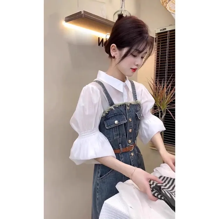 今年流行的漂亮套装裙女夏季小香风轻奢高级感衬衫牛仔裙子两件套