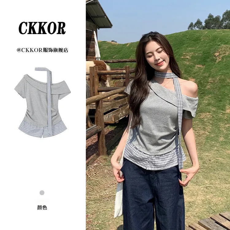 CKKOR斜肩假两件短袖t恤女穿搭夏季格纹拼接小衫百搭显瘦设计上衣
