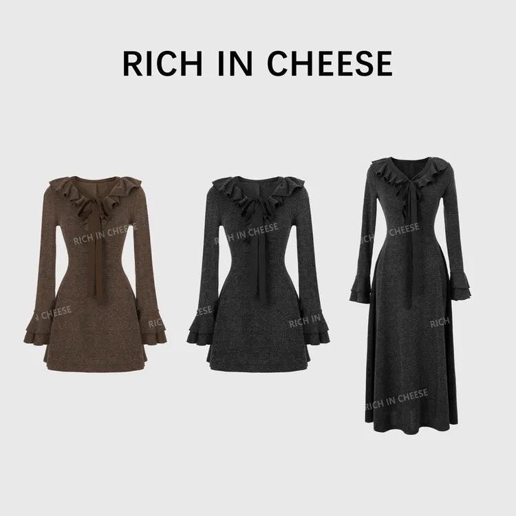 RICHINCHEESE 时髦周刊 秋冬V领荷叶边设计感针织弹力收腰连衣裙