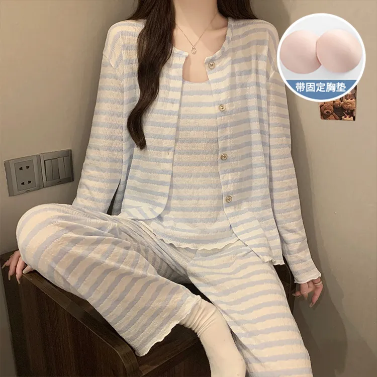 家居服套装无袖吊带女士条纹长袖长裤2025秋冬季睡衣胸垫三件套
