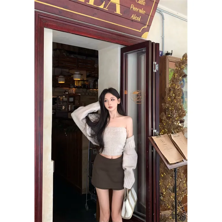 翻领披肩毛衣外套抹胸套装百搭半身裤裙三件套#A821