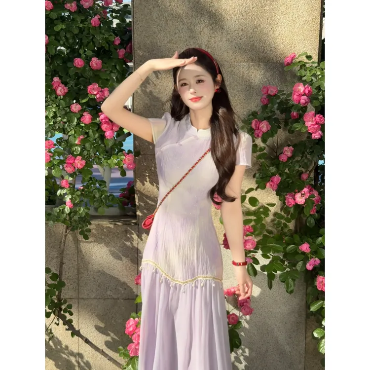 【云雾琉璃】<77>新中式晕染国风拼接旗袍连衣裙XMQQ237
