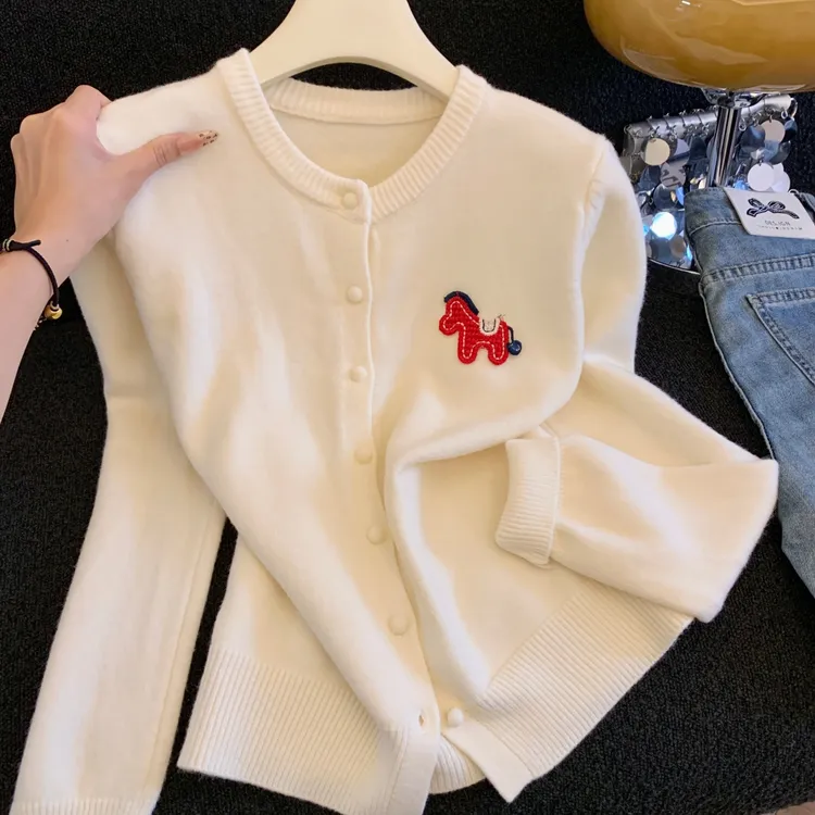 趣味卡通小马刺绣开衫女秋冬款慵懒马海毛长袖针织衫韩版显瘦外套