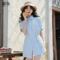 慕兔慵懒风时尚套装女2025夏季新款短袖收腰衬衫休闲短裤两件套装