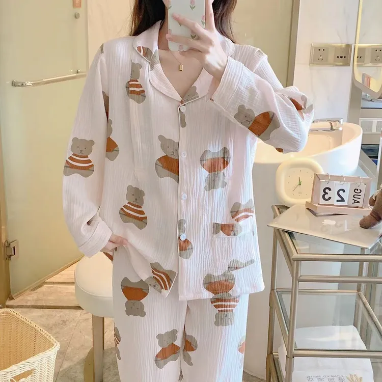春秋季双层绉纱睡衣女长袖开衫甜美卡通家居服舒适面料
