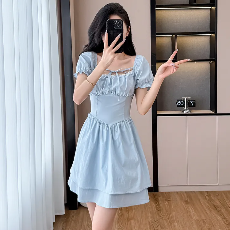 高级感气质蓝色方领连衣裙女夏季2025新款小个子法式初恋公主短裙