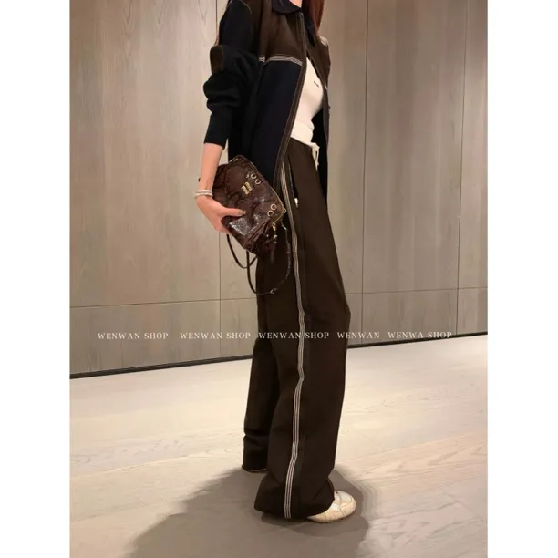 双十一狂欢价！【5G休闲】运动条纹拼接棕色休闲裤