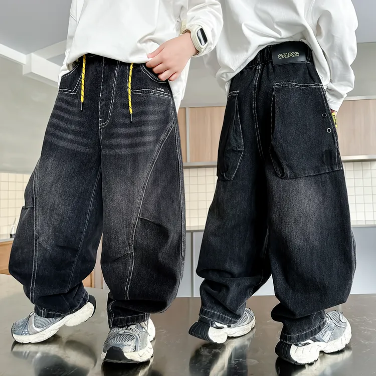 男童牛仔裤春秋款儿童痞帅黑色阔腿弯刀裤中大童百搭宽松直筒裤潮