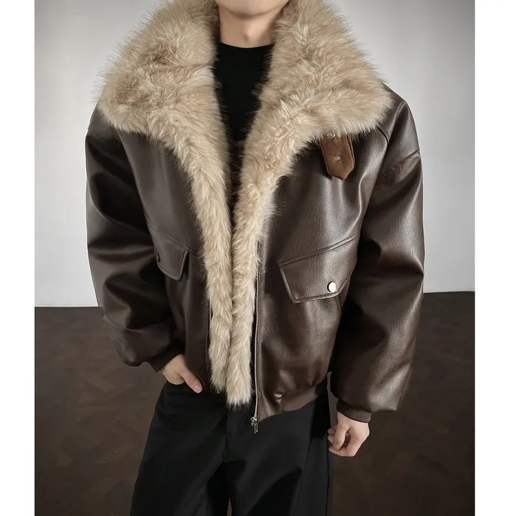 美式cleanfit复古座山雕宽松毛领棉服男冬季加厚保暖PU皮棉衣外套