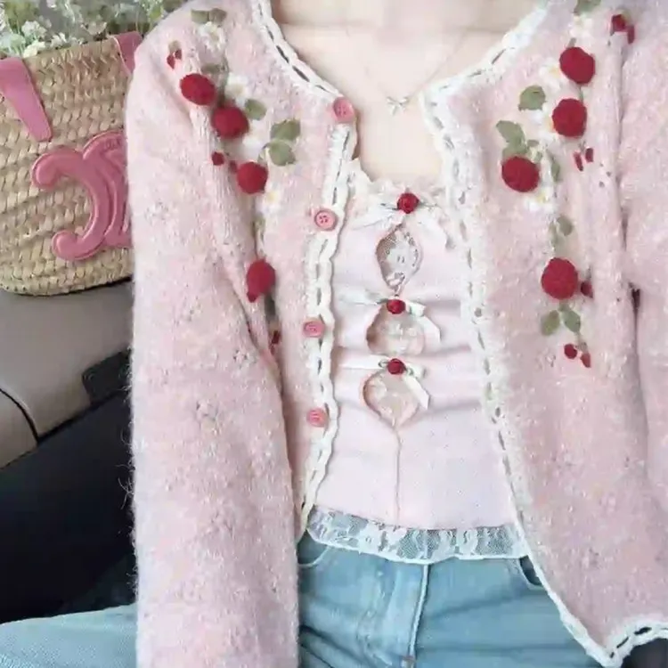 法式甜美粉色开衫外套女2025春季新款设计感别致绝美长袖上衣