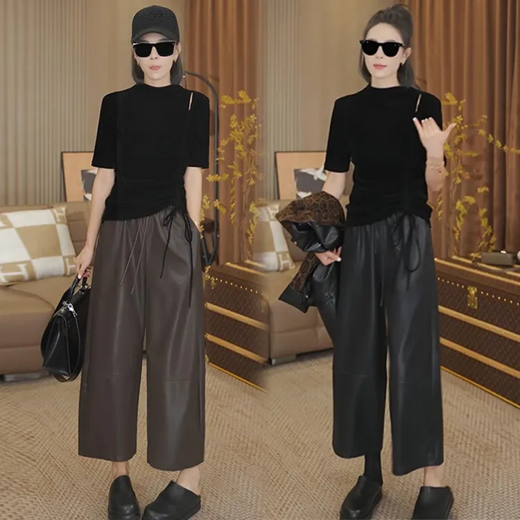 时尚套装女2025秋季新款洋气中袖系带丝绒上衣九分阔腿皮裤两件套