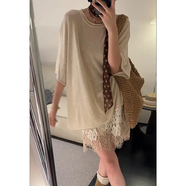 老钱风穿搭法式圆领莱赛尔冰丝亚麻针织衫女夏季宽松半袖T恤上衣