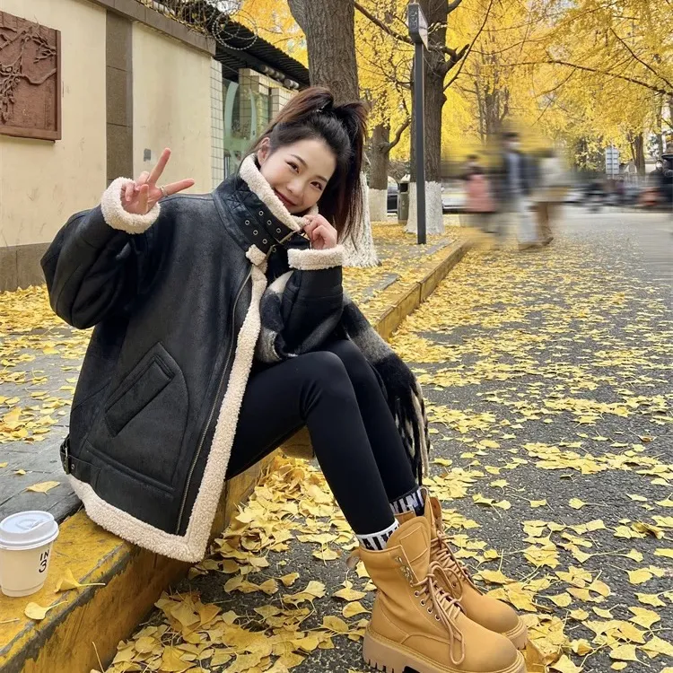 皮毛一体仿羊羔毛外套女机车服2025秋冬季加绒加厚机车服高级感