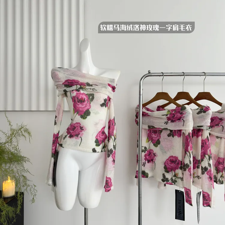 "温柔的性感"软糯马海绒洛神玫瑰一字肩印花复古毛衣修身女士上衣