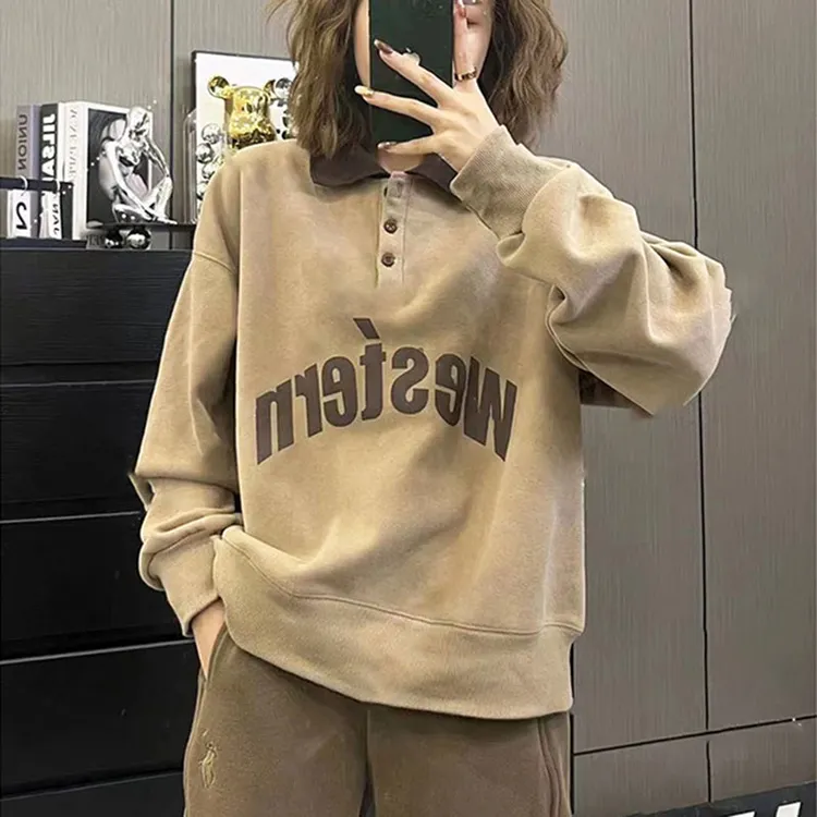 咖色polo领加绒卫衣女秋冬季新款美式复古时尚设计感休闲百搭上衣
