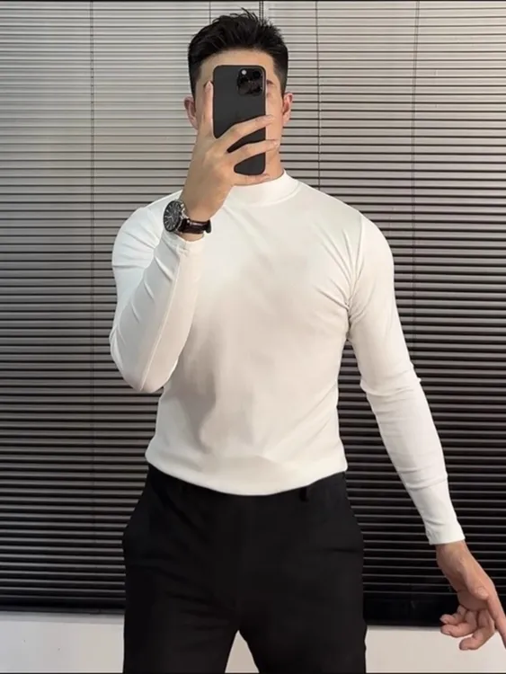 纯色男士修身长袖T恤2025新款圆领内搭成熟稳重男装打底衫上衣