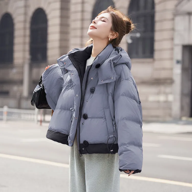 莉莉子2025冬季新款棉衣女短款时尚百搭棉袄韩版连帽撞色棉服