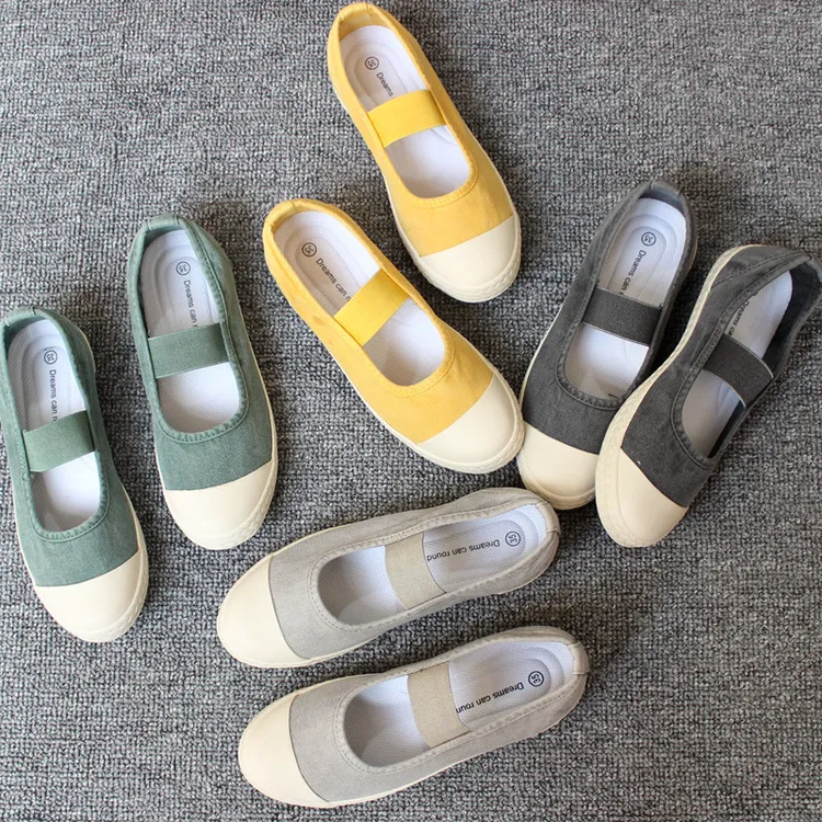 夏季玛丽珍休闲一脚蹬懒人鞋松紧带粘带简约水洗做旧软底帆布女鞋