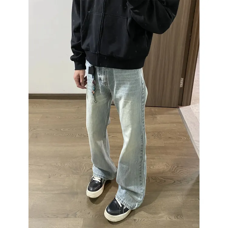 复古蓝cleanfit微喇牛仔裤男款显瘦美式裤子高个子修身弹力直筒裤